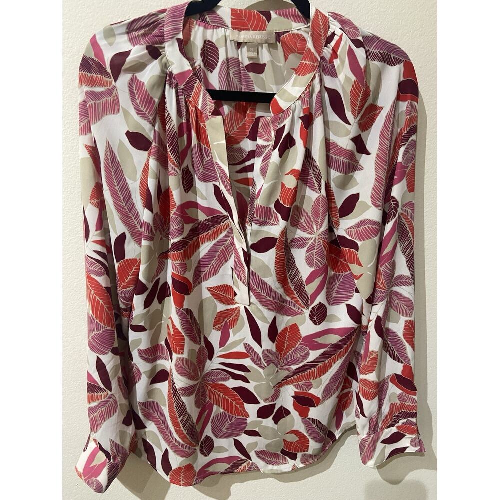 Banana Republic Blouse Womens M Red Floral Chiffon Long Sleeve Half Button Boho